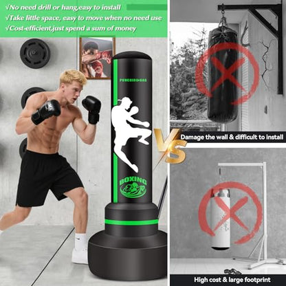 Heavy Punching Bag for Adults Teens, Standing Boxing Bag with Gloves - color: Green