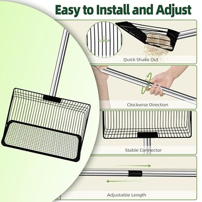 10" Upgrade and Reinforcement Stainless Steel Manure Scoop w/4-in-1 Adjustable Handle (36.6"-62"), Ergonomic Sifter Shovel for Chicken Coop, Cat Litter, Pet Waste Cleaning Tools