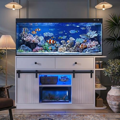 75 Gallon Fish Tank Stand with RGB LED & 6-Outlet Charging Station, 55-75 Gallon Aquarium Cabinet with Sliding Doors, 1200 lbs Capacity, White - color: White, size: 55.1"L x 19.6"W x 32.2"H