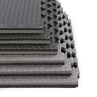 1" Extra Thick 48 sq ft Reversible EVA Gym Foam Floor Mat Tiles (24" x 24"), Steel Pattern, 12 pcs, Black & Grey