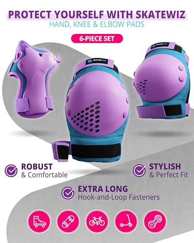 SKATEWIZ Skateboard Pads Protective Gear Set for Kids and Adults - Smash - Roller Skate Pads [6pc] with Wrist Guards - Skating Protective Gear - Roller Derby - color: Blue Purple, size: L - Teens/Adults