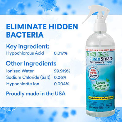 CleanSmart Daily Surface Cleaner and Pet-Safe Disinfectant, 16 oz (3 pack) | Hypochlorous Acid Spray Kills 99.9% of Viruses and Bacteria, No Harsh Residue, Food Contact Surface Sanitizer, No Rinse - size: 16 Fl Oz (Pack of 3)
