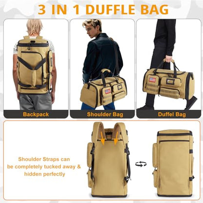 Expandable Gym Bag for Men,Tactical Large 3-in-1 Travel Duffle Backpack Bag - color: Brown