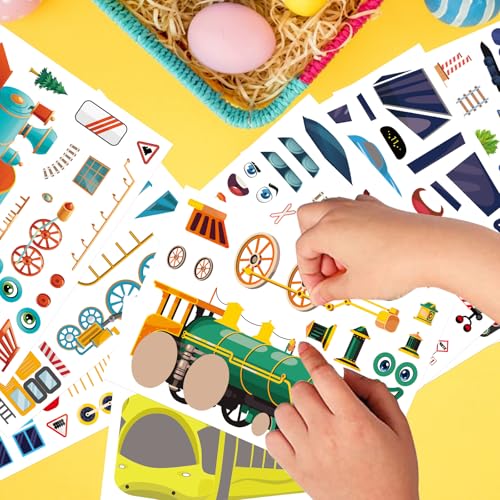 DUJAA 24 Sheets Train Stickers for Kids, Make Your Own Steam, Freight, Bullet Trolley Trains Stickers for Toddlers, Train Party Favors, DIY Craft Great Birthday Classroom Teacher Reward - style: Train