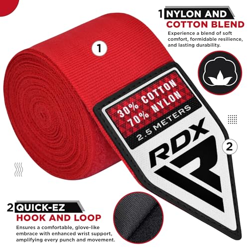 RDX Boxing Wraps Kids 2.5M Inner Gloves, Elasticated Thumb Loop Bandages, Junior Under Mitts Hand Fist Protector Wrist Support Straps, Muay Thai MMA Kickboxing Martial Arts Speed Bag Punching Training - color: RED