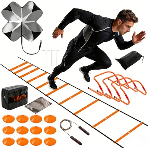 Agility Ladder Training Set, 20ft Speed Ladder with 4 Hurdles, Jump Rope, 12 Soccer Cones & Running Parachute, All-in-One Agility Speed Training Equipment for Soccer, Football, Basketball - color: blue