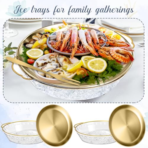 4 Sets 11.8" Chilled Serving Tray for Parties Round Iced Platter with Ice Underneath Stainless Steel Clip Fruit Fork Shrimp Cocktail Serving Dish for Oysters Crawfish Fruits (Gold) - color: Gold
