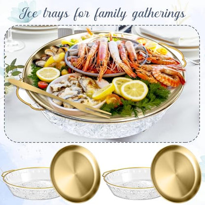 4 Sets 11.8" Chilled Serving Tray for Parties Round Iced Platter with Ice Underneath Stainless Steel Clip Fruit Fork Shrimp Cocktail Serving Dish for Oysters Crawfish Fruits (Gold) - color: Gold