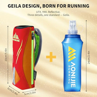 Geila Handheld Water Bottle for Running, 17 oz Grip Handheld Bottle with Hand Strap Hydration Pack, Sport Soft Flask - color: Orange+500ML Soft Flask