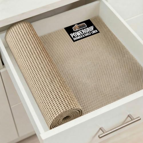 GORILLA GRIP powerGRIP Drawer Shelf and Cabinet Liner, Thick Strong Hold, Non-Adhesive Liners Protect Kitchen Cabinets and Cupboard, Bathroom Drawers, Easy Install Mat, 12" x20', Beige - color: Beige, style: 12" x 20'