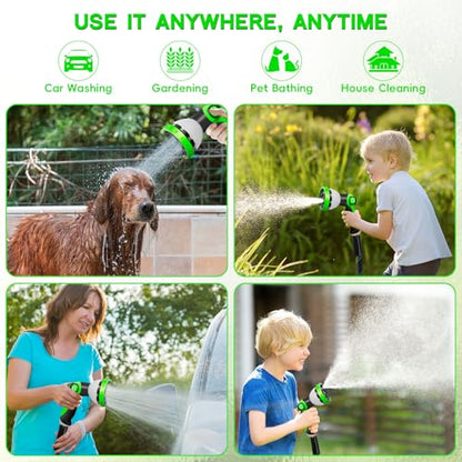 Garden Hose 25 FT, NON-EXPANDABLE Heavy-Duty Flexible & Lightweight Water Hose with 10-Function Nozzle, No-Kink, Leak-Proof Super Fabric, Solid Fittings for Lawn, Car, Outdoor (Black Green)