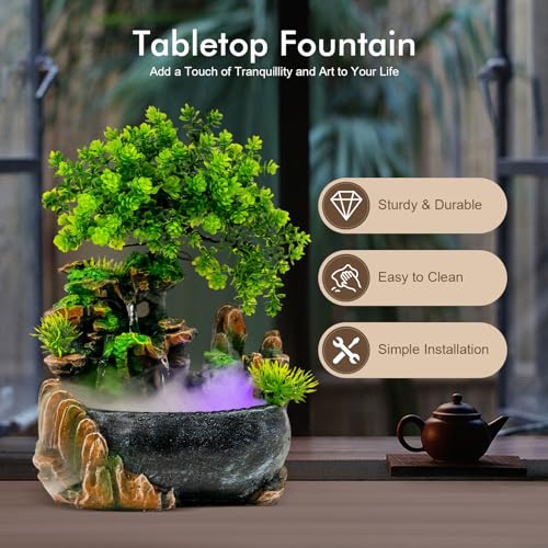 Tabletop Waterfall Fountain with Aquariums Plant Atomizing Humidifier Indoor Relaxation Desktop Fountain Waterfall with Led Light for Home Office Bedroom