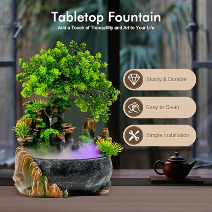 Tabletop Waterfall Fountain with Aquariums Plant Atomizing Humidifier Indoor Relaxation Desktop Fountain Waterfall with Led Light for Home Office Bedroom