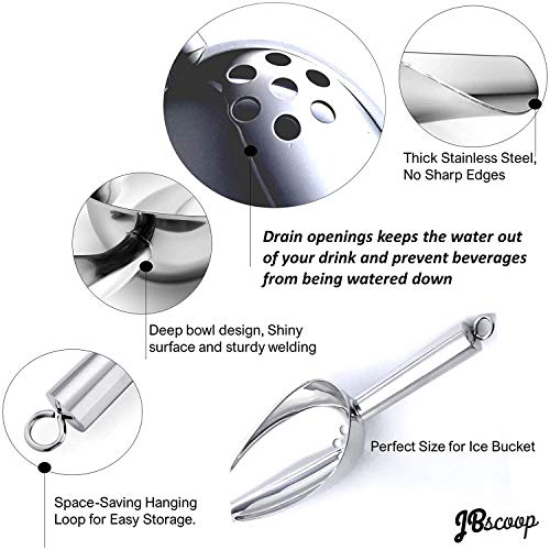 JBscoop Ice Scoop with Holes. Stainless Steel Ice Scoop with Drain Holes to Reduce Unwanted Dilution. Heavy Duty and Dishwasher Safe. Six Ounce Capacity. - size: 6 Oz