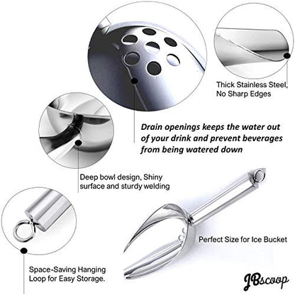 JBscoop Ice Scoop with Holes. Stainless Steel Ice Scoop with Drain Holes to Reduce Unwanted Dilution. Heavy Duty and Dishwasher Safe. Six Ounce Capacity. - size: 6 Oz