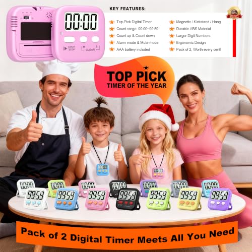 Antonki 2 Pack Digital Timer for Kids Classroom Kitchen Timers for Cooking - color: Relaxing Pink