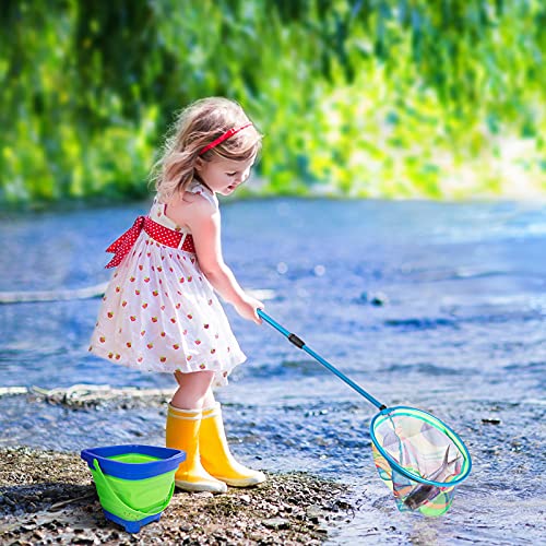 Kids Fishing Net, 2 Pack Telescopic Landing Nets with Aluminum Pole Handle, Collapsible Bucket Sand Pail, Butterfly Net, Fishing Net for Youth, Outdoor Playing - color: 2 Pack Blue
