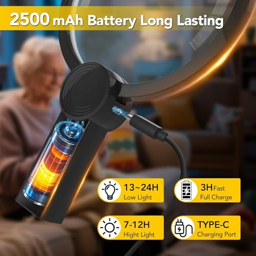 2500mAh Magnifying Glass with Light, 5X Hands Free Magnifier for Reading, Sewing, Knitting, Cross Stitch & Crafts, Rechargeable Lighted Magnifier for Seniors