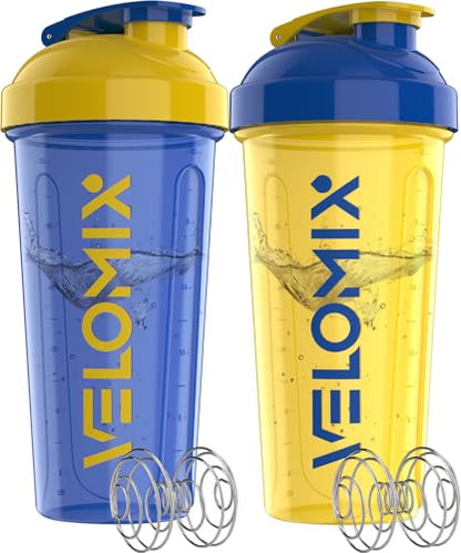 VELOMIX 2 Pack 28oz Protein Shaker Bottle for Protein Mixes, Stand Strong - color: B4) Yellow / Blue