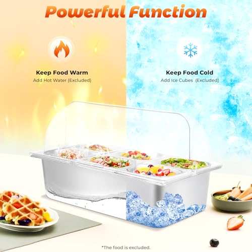 Countertop Ice Food Serving Display Tray, Buffet Cold Serving Cooler Platter with 90°Clear Roll Top Cover, 6 Pan Stainless Steel Food Serving Tray,Rubber Stoppers, Dual Use for Hot&Cold, Silvery