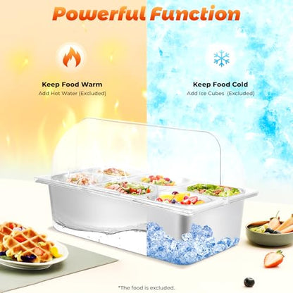 Countertop Ice Food Serving Display Tray, Buffet Cold Serving Cooler Platter with 90°Clear Roll Top Cover, 6 Pan Stainless Steel Food Serving Tray,Rubber Stoppers, Dual Use for Hot&Cold, Silvery