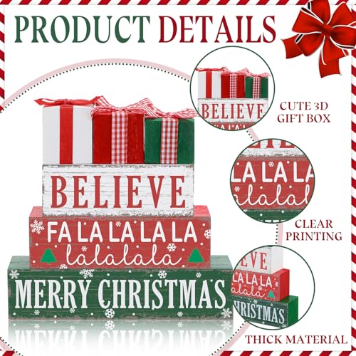 4 Pieces Merry Christmas Wooden Table Decorations Xmas Wood Gift Boxes Decor Rustic Christmas Tiered Tray Decor Xmas Believe Tabletop Centerpieces for Home Desk Room Kitchen Shelf - style: Gift