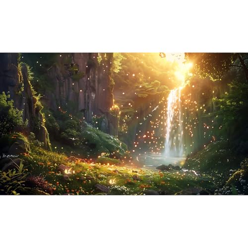 Fantasy Forest Aquarium Background Waterfall Cascades Tranquil Pool Fish Tank Background Enchanted Glade Vibrant Blooms Sunray Reptile Tank Backgrounds Fireflies Oasis Terrarium Backgrounds 48x24in - color: Golden Green, size: 48(W)x24(H)inches/ 120(W)*60