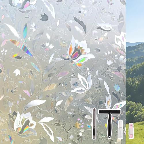 Donox Window Privacy Film, Frosted Stained Glass Pattern Decorative Window Films, Static Cling Sun Blocking & Glare Blocker Stickers for Home Heat Control Non-Adhesive, Tulip 29.5 Inch x 6.5 Feet - color: Clear, size: 29.5 x 78.7 Inch