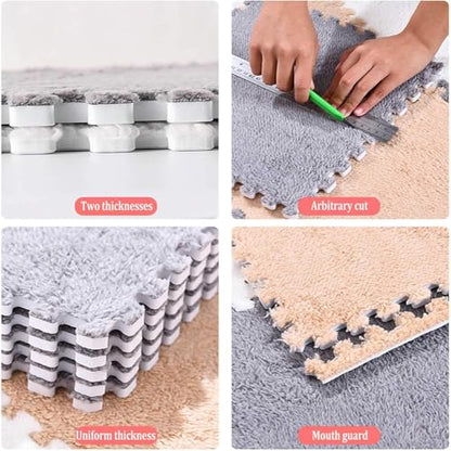 10 Pieces Plush Puzzle Play Mat 12''x12''x0.4'' Interlocking EVA Foam Mats,Shaggy Fluffy Carpet Floor Tiles Non-Slip Protective Floor Area Rug (Beige Black) - color: Beige Black