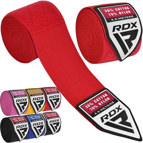 RDX Boxing Hand Wraps 4.5M / 180 Inches – Mexican Style Semi-Elastic MMA Inner Gloves - Wrist Support for Muay Thai, Kickboxing, BJJ, Karate - Thumb Loop & Hook and Loop Closure - Cotton & Nylon Blend - color: Red