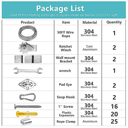 Shade Sail Hardware Kit Include Winches & Wire Rope, Anti-Rust Stainless Steel Sun Shade Hardware Kit for Rectangle Square Triangle Shade Sail Installation(71 PCS)