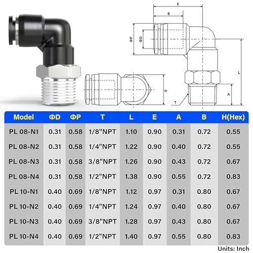 TAILONZ PNEUMATIC Male Elbow 8mm Tube OD x 1/8 Inch NPT Thread 90 Push to Connect Fittings PL8-N1 (Pack of 10) - size: 8mm OD 1/8''MNPT