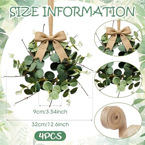 4 Pcs Small Eucalyptus Hanging Wreaths for Cabinets Artificial Greenery Mini Candle Ring Wreath with White Bud Stems and Linen Ribbon for Home Kitchen Front Door Window Wall Wedding Farmhouse Decor