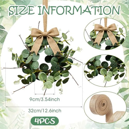 4 Pcs Small Eucalyptus Hanging Wreaths for Cabinets Artificial Greenery Mini Candle Ring Wreath with White Bud Stems and Linen Ribbon for Home Kitchen Front Door Window Wall Wedding Farmhouse Decor