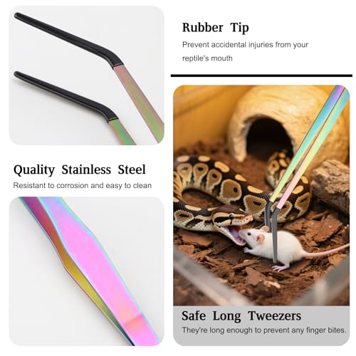 OLIISS Reptile Feeding Tongs with Rubber Tip - 15" Extra Long Tweezers for Aquariums & Crafts - Stainless Steel Feeder Tools for Bearded Dragons & Lizards - Terrarium Tank Supplies - 2 Pack
