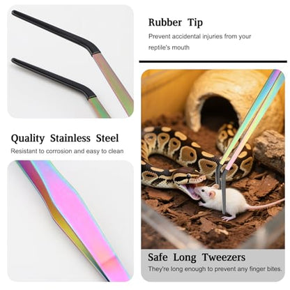 OLIISS Reptile Feeding Tongs with Rubber Tip - 15" Extra Long Tweezers for Aquariums & Crafts - Stainless Steel Feeder Tools for Bearded Dragons & Lizards - Terrarium Tank Supplies - 2 Pack