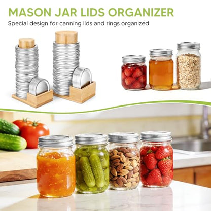 2PCS Mason Jar Lid Organizer & Holder (Wide Mouth & Regular Mouth) Bamboo Ball Jar Wooden Storage Accessories for Home Kitchen Organization Fit Mason/Canning/Bamboo Lids, Holds 20 Lids & 20 Rings