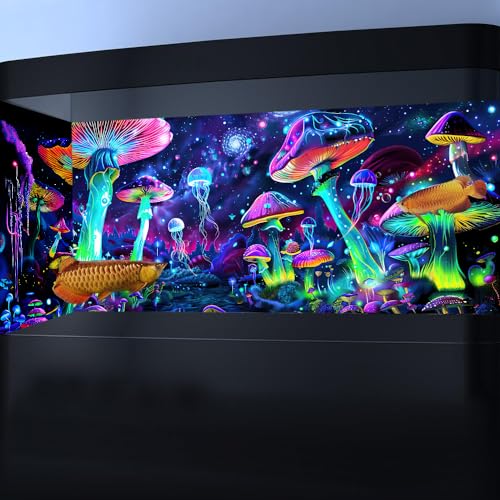 24X12IN Blacklight Aquarium Background UV Reactive Mushroom Background Starry Sky Terrarium Background with 10 EVA Double-Sided Tape - size: 24X12in/60X30cm