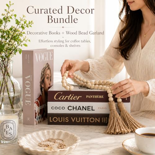 Modern Farmhouse Coffee Table Decor Set | 4 Faux Decorative Books + 58" Wood Bead Garland with Tassels | Styling Bundle for Living Room, Shelf, Tray, Housewarming Gift