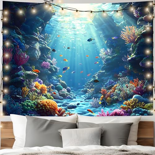 AOHMPT Underwater World Tapestry - Blue Ocean and Aquarium Tropical Fish Wall Decoration - Deep Sea Fish Wall Hanging for Bedroom, Dorm Room and Living Room 79" L x 59" W