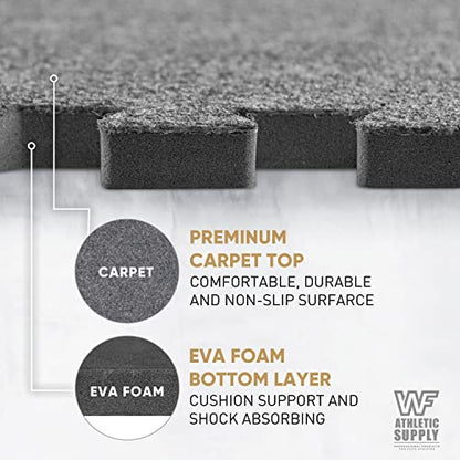 WF Athletic Supply Carpet Top EVA Foam Floor Tiles, Carpet Texture Surface Puzzle Interlocking Mats for Home Gym, Kids Room & Living Room; 24-inch x 24-inch x 12-mm per Tile