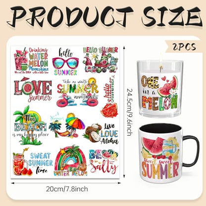 UV DTF Cup Wrap Transfer Stickers, 2 Sheets Summer Watermelon Rub On Transfers for Tumblers Glass Cups Mugs Water Bottles - style: Summer Watermelon