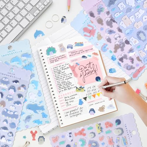 Cute Kawaii Sea Creature Stickers – Soft Flocked Felt 3D Sticker with Lobster,Penguins,Seals,Otters,Sharks & Whales – Textured Stickers for Adults,Scrapbooking & Planner Decor, 6 Sheets