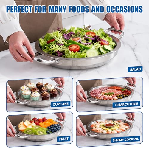 3-Set 12 Inch Chilled Serving Trays, Shrimp Cocktail Serving Dish, Cold Charcuterie Board with Ice Trays for Appetizer Oyster Salad Fruit Buffet Parties, Dishwasher Safe, Stainless Steel 18/10 - size: 3-Set Round