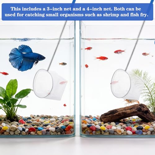 2 Pack Fish Tank Net 3 & 4 Inch Stainless Steel Fish Nets Small Tank Net for Shrimp Bettas Mesh Aquarium Nets with Durables Handle Aquarium Accessories