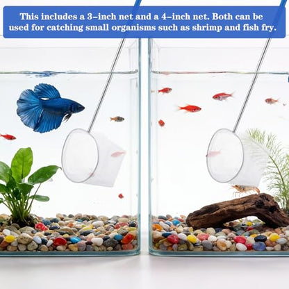 2 Pack Fish Tank Net 3 & 4 Inch Stainless Steel Fish Nets Small Tank Net for Shrimp Bettas Mesh Aquarium Nets with Durables Handle Aquarium Accessories