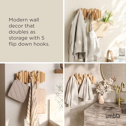 Umbra Picket Coat Rack, Wall Mount 5 Flip-Down Coat Hooks, Natural - color: Natural, size: 5-Hook