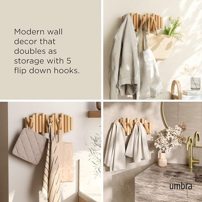 Umbra Picket Coat Rack, Wall Mount 5 Flip-Down Coat Hooks, Natural - color: Natural, size: 5-Hook