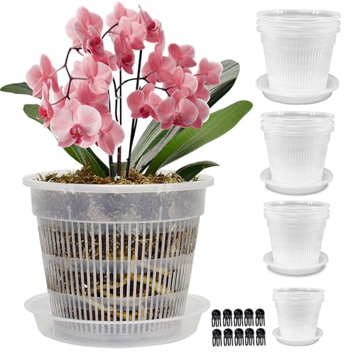 12Pcs Orchid Pot, 3 Each of 4.5, 5.5, 6.3 and 7.5 Inch Orchid Pots with Holes and Saucers, Clear Orchid Pots for Repotting, Plastic Plant Pot(3 Each of 4.5,5.5, 6.3,7.5in with Saucers) - color: 3 Each of 4.5,5.5, 6.3,7.5in+ Saucers
