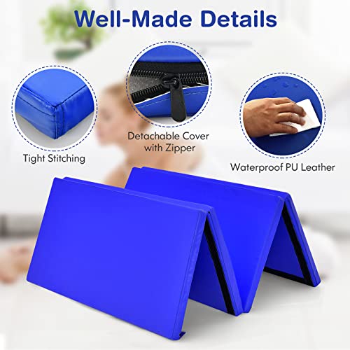 GYMAX Gymnastics Mat, 4 FT x 8 FT x 2 Inches Folding Exercise Mat w/Carry Handles & Sturdy Stitching Waterproof Cover, Tumbling Mat for Yoga Stretching Martial Arts Home Gym - color: Dark Blue